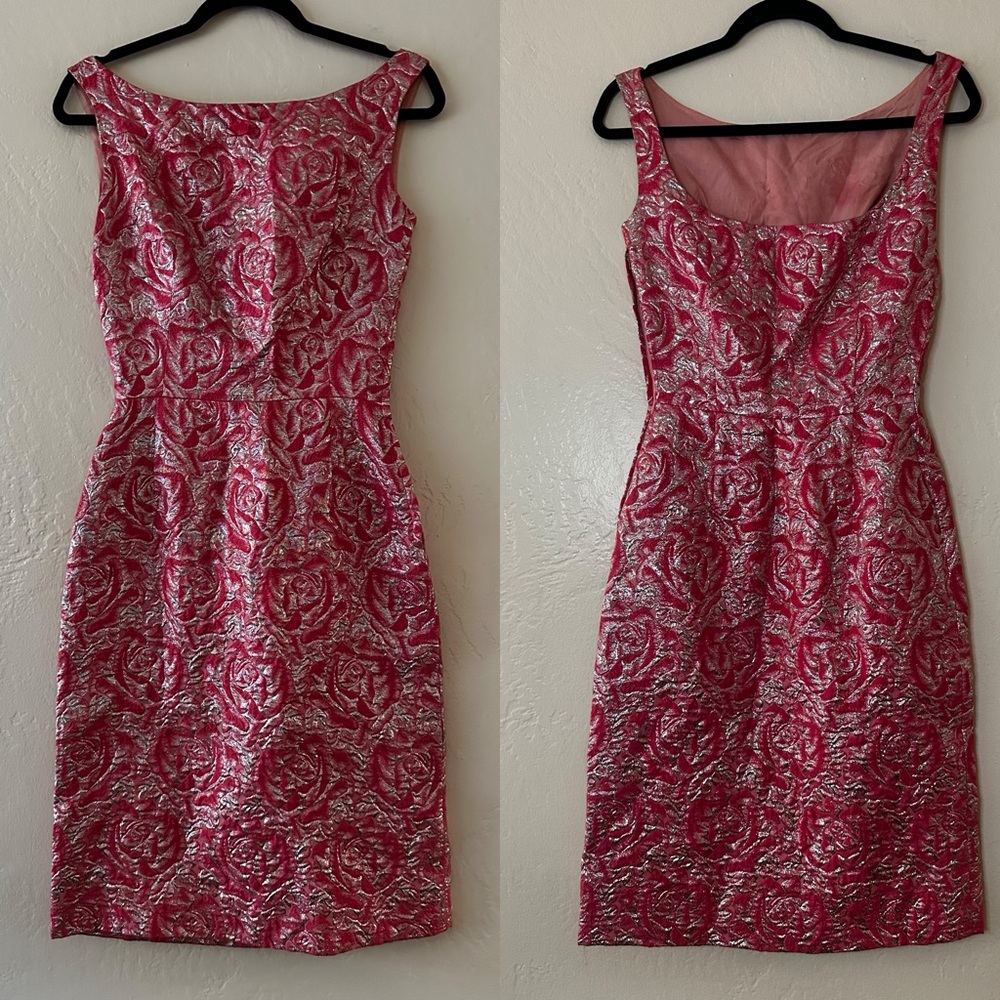 #1960s Silver and Pink Roses Pencil Dress